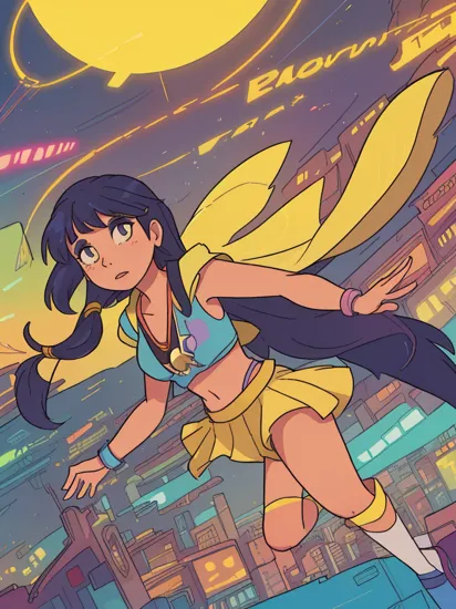 1girl 
pocahontas \(disney\),  
hologram, 
holographic interface, 
yellow clothe
color of the wind
digital cityscape, neon lights, 
cyberpunk \(series\), 
(by James Gilleard Petros Afshar)