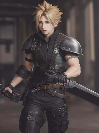 1boy, male focus,  Cloud Strife from Final Fantasy 7, FBI headquarters, indoors,