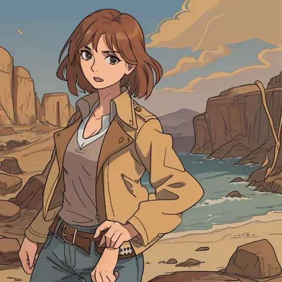 Female archeologist, mid shot, standing on rocks,indiana jones outfit, worn leather jacket, worn shirt, worn pants, whip, in an epic complex surreal wasteland, stanakatic 