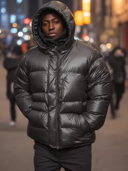 masterpiece, best quality, illustration, beautiful detailed
, , ((bloom))
((1 boy, dark skin:1.5)) depth of field, ((drill style, balaclava)), ((black man wearing a huge puffer jacket, puffy, hooded, super shiny extra large black puffer jacket, gang, hood, rapper, tattoos, enormous inflated puffer jacket, muscular male, large build )), street, New York, street photography, night