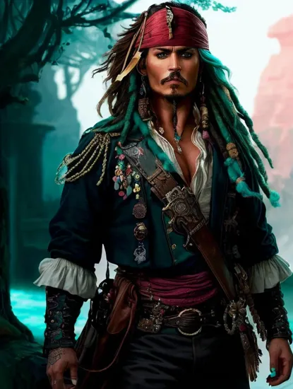 Johnny Depp, Titanic might, (turquoise hair), ((imposing male @JohnnyDepp)), black armor, ethereal pink leaves, bound arm, fierce mask, formidable pose, (otherworldly strength), sculpted physique, mystical aura.