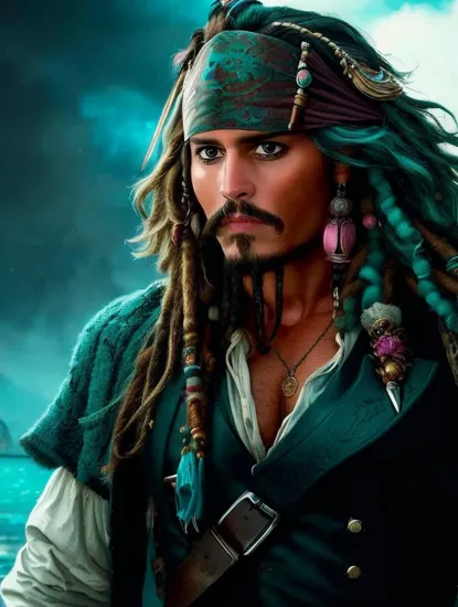Johnny Depp, Titanic might, (turquoise hair), ((imposing male @JohnnyDepp)), black armor, ethereal pink leaves, bound arm, fierce mask, formidable pose, (otherworldly strength), sculpted physique, mystical aura.
