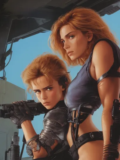 80s  color illustration of Sarah Connor as the terminator, side view, looking at the viewer, metal arm, one half of the face show the under structure, synthwave style