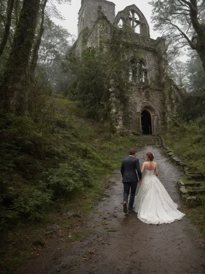 gritty raw street photography,  woman in wedding dress running up a Steep slope in a forest to an ((old ruined church)) in heavy rain at midnight, bare feet, view from back, ((dense fog, night sky,)), (hyperrealism:1.2), (8K UHD:1.2), (photorealistic:1.2), shot with Canon EOS 5D Mark IV, detailed face, detailed hair, beautiful detailed hands