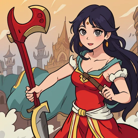 Princess Jasmine holding a giant axe and wearing a red dress, anime art,