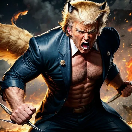 Wolverine Donald Trump, his expression a snarl, with adamantium claws extended, ready for a fight. His yellow and blue suit is a nod to his team, but it's the untamed look in his eyes that speaks of his feral nature and indomitable spirit.