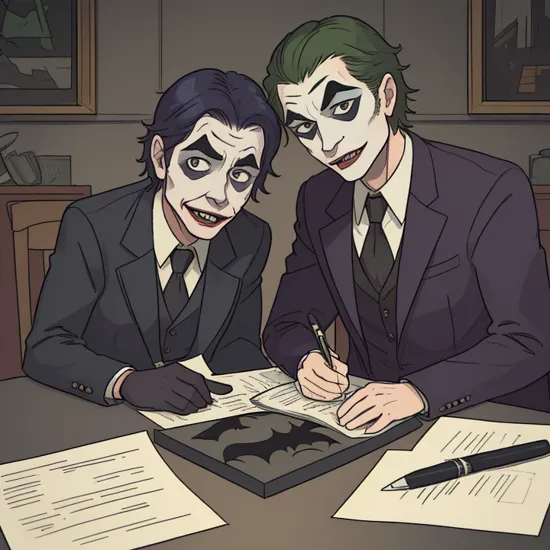 photo of batman and the joker, doing taxes, highly detailed, award-winning photo, realistic, high contrast, depth of field, perspective,cinematic lighting, golden ratio, 