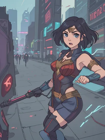 In a dystopian future, Wonder Woman, adorned in (sleek:1.3) cybernetic armor, stands tall amidst the neon-lit cityscape. Her (glowing:1.1) lasso of truth crackles with electric energy, symbolizing her unwavering resolve. With (enhanced:1.2) strength and agility, she fights against the oppressive forces of a technocratic regime, embodying the spirit of rebellion. Surrounded by a backdrop of towering skyscrapers and flickering holographic billboards, Wonder Woman becomes a beacon of hope in this cyberpunk world, inspiring others to rise against injustice. masterpiece, best quality, low quality, absurdres , ,neon light,, (8k, RAW photo, best quality, masterpiece:1.2), (realistic, photo-realistic:1.37), ultra highres, depth of field, chromatic aberration, caustics, Broad lighting, natural shading,Fujifilm XT3,masterpiece,ultra detailed,