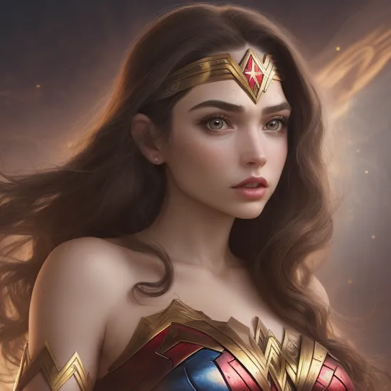 a sexy woman wearing a (red blue wonder woman costume with gold highlights:1.3),wearing wonder woman head band, wearing wonder woman belt with the letter B, wearing wonder woman wrist wraps, wearing shiny metallic wonder woman armor, 1girls,nsfw, photorealistic, ultra high res, intricate, hyperdetailed, (skindentation), feminine, [symmetrical:1.1], detailed body , (detailed face:1.1), (outlined iris), (hidrocor lenses), (perfect eyes), 4k, beautiful, (masterpiece:1.2), (best quality:1.2),dynamic pose, (massive lips: 1.3) (parted lips:1.3) and (silicon lips:1.3), (thick lips:1.3), (massive breasts: 1) , She has a (dark skintone:1.2), She has (hazel color eyes:1.2), she has red and brown colored hair, she has long hair length and a very long hair and flowing hair style, art by donato giancola, (fractal art:1.4),absurdres, highres, ultra detailed, Ultra-precise depiction, Ultra-detailed depiction, solo, (zentangle:1.3) stratal incisions,flowing optical illusions, gray marble surface, dark shot, eternal goddess dissolving with abyss,dramatic light, dynamic, cinematic, fractal, celestial galaxy observation, Buckminster Fuller, Elizabeth Murray, behance hd, 3Dart, redshift render, raytraced image, generative art, lut style-paintmagic