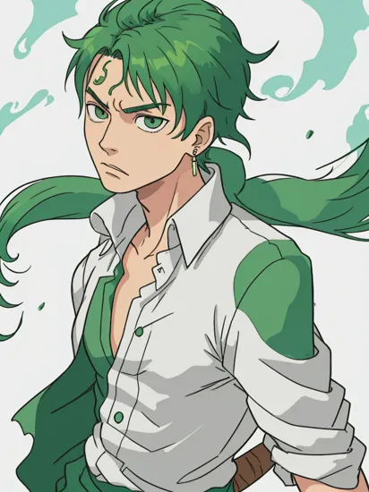 oda eiichirou, 1boy, earrings, frown, green hair, highres, jewelry, looking at viewer, male focus, official art, one piece, roronoa zoro, sandai kitetsu, shirt, simple background, solo, white background

