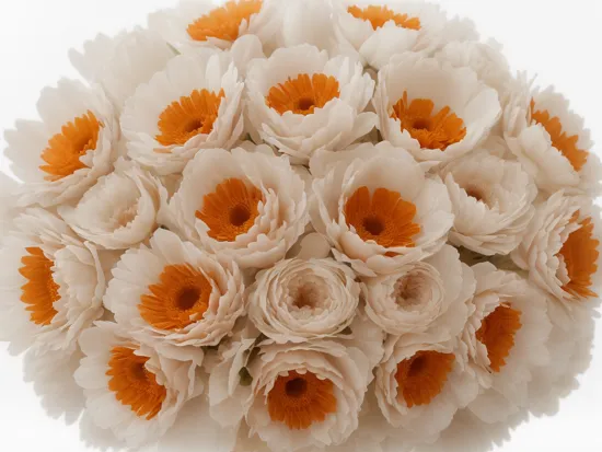 there are many orange and white flowers in a white vase, inspired by Kim Keever, award winning macro photography, by Kim Keever, award - winning 4 k photograph, nebulous bouquets, 8k award-winning photograph, award-winning magazine photo, hd macro photographs,  