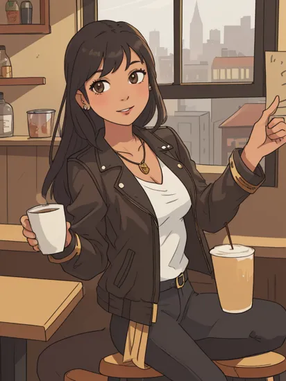 portrait, looking at viewer, smile, parted lips,
pocahontasodd, 1girl, solo female, black hair, long hair, blunt ends, brown eyes, dark-skinned female,
medium breasts, cleavage, leather biker jacket, open jacket, white undershirt, fringe trim, holding a cup of coffee, jewelry, intricate gold necklace, sitting at a bar stool,
bustling cafe, indoors, city visible through window,  daytime, volumetric lighting, realistic, blurred background, depth of field,
 