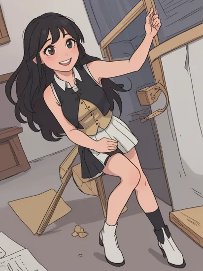 (best quality, masterpiece:1.2),(realistic, photo-realistic:1.4),8k,RAW photo,radiosity,physically based rendering,1girl,solo,black long hair,smile,Rapunzel wearing a white sleeveless strtrk uniform which ends in a short skirt,open vest,high heels,full body,look at viewer,indoor,
