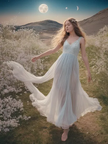 (analog photo:1.2),((dynamic pose:1.2),(dynamic camera),fantasy style, On the moon full of Cyan flowers, an young woman with long lace dress, long hair,walking happily on the flowers moon, looking to camera, The background is the space background, and Earth, stars, and other planets can be seen flying ribbons,design, lighting, photography, cute, realistic, ultra realistic, real photography, photorealistic, Photo taken on a Mamiya ARZ67 with Portra 400 film, aperture 4, shutter speed 125  stardust   , concept art,, (natural colors, correct white balance, color correction, dehaze,clarity), (composition centering, conceptual photography)),(midnight hour, high quality, film grain), (natural colors, correct white balance, color correction, dehaze,clarity)