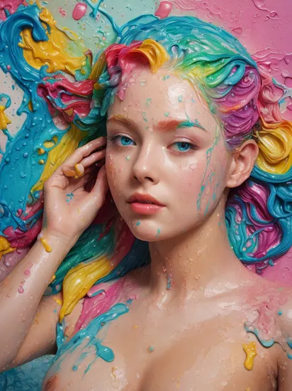 Create high-quality and visually appealing illustrations of Woman in the Bath. with a rainbow of colorful water gushing out of the shower head with foaming Soap and falling Drops. colorful paint on the wall. runs The Unexpected Beauty Crate a mixed media painting that depicts her head open to release a stream of thoughts and various art forms. Emphasize a seamless blend of surrealism and abstraction, ensuring that every element produced is meticulously detailed. Use bright colors and intricate details to convey a sense of depth, making the overall composition visually rich and interesting. , conceptual art, dark fantasy, fashion, anime, illustration, photo