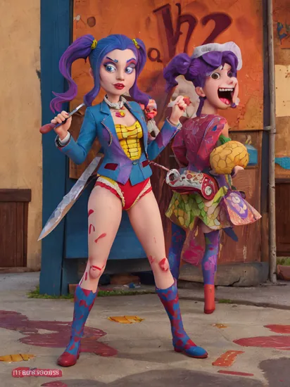 Art, reinvented, An alternative version of the Joker, A vibrant digital painting. vivid colors. American comic book cover art, 8k resolution. Extremely detailed. Award winning, holding a large butchers knife, twintails,girl, crazy eyes, tsundere, large knife, rain