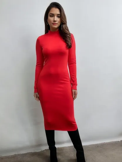 @Nathasha wear a midi length dress made from rib, long sleeves, crewneck.