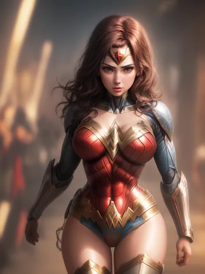 a image of wonder woman, (ikaros-androids), large boobs, toned abs, thick thighs, thicc, hd, bokeh, detailed face, colorful, vibrant, face lines   
