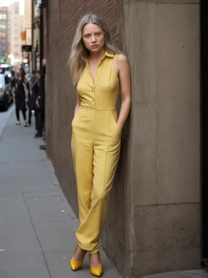 DreamaWalker, photography by (Annie Leibovitz:1.3), modelshoot, pose, Manhattan street, street photography, street fashion, yellow jumpsuit