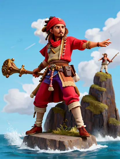 Johnny Depp, Epic warrior @JohnnyDepp, wielding a staff, ((majestic stance atop a rock)), muscles rippling, windswept hair, red flowing bandana, confident and bold, an anime character ready for an epic battle, dramatic and powerful with a strong connection to the elements.