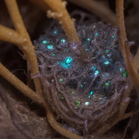 incredible close up of cave spiders nesting within glowing bioluminescent underground plant life, amazing biology, tilt shifted, macro photography
 , tranzp