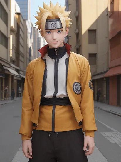 masterpiece, best quality, 1boy, uzumaki naruto, blonde hair,  spiked hair, blue eyes,  whisker markings, facial mark,  forehead protector, , konohagakure symbol, jumpsuit, upper body, looking at viewer, smile, solo, buildings, tokyo street background <lora:Naruto:1>