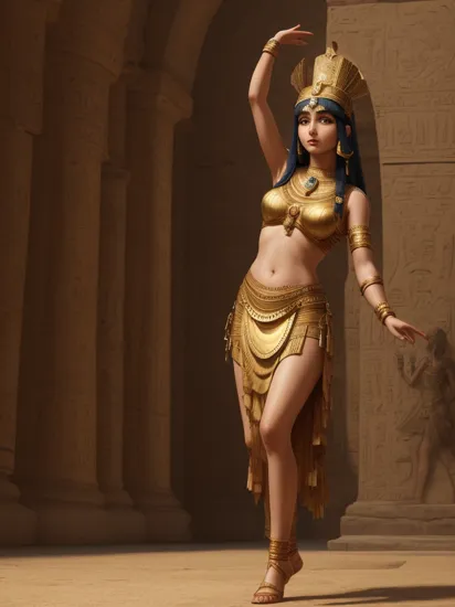 , illustration of  cleopatra from ancient egypt, she is dancing at her court, high quality, 8k, 4k, extreme  details