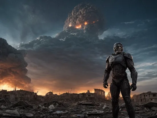 apocalypse buildings in ruins destroyed, explosions in the background, night sky,  full body shot (Realisitc:1.5) man terminator, 