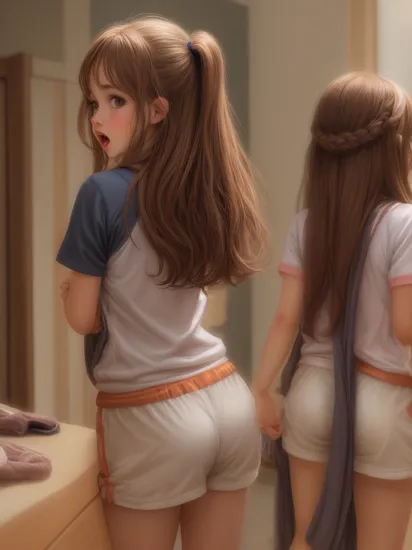 masterpiece,  look at viewer, 1girl, solo, gym uniform,  from bellow, brown hair, long hair, open mouth, cowboy shot, from behind,
,Hermione Granger,