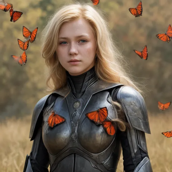 digital art, equality, , (sunlight on face), filmgrain, wearing heavy black iron armor, wide opened eyes, hdr, (flying translucent vermilion butterflies:1.15), a photo that tells a (conceptual:1.4) story, blonde hair, 