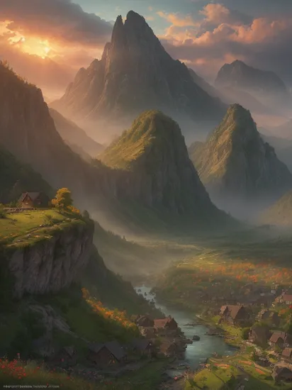 photo RAW,(autumn,sunset,mountains and a wooden village on river, (Dark green grass flowers on foreground), sunrays, lens flare, 4k highly detailed digital art, 8k hd wallpaper very detailed, impressive fantasy landscape, sci-fi fantasy desktop wallpaper, 4k detailed digital art, sci-fi fantasy wallpaper, epic dreamlike fantasy landscape, 4k hd matte digital painting, 8k stunning artwork,Realistic, realism, hd, 35mm photograph, 8k), masterpiece, award winning photography, natural light, perfect composition, high detail, hyper realistic, (composition centering, conceptual photography)