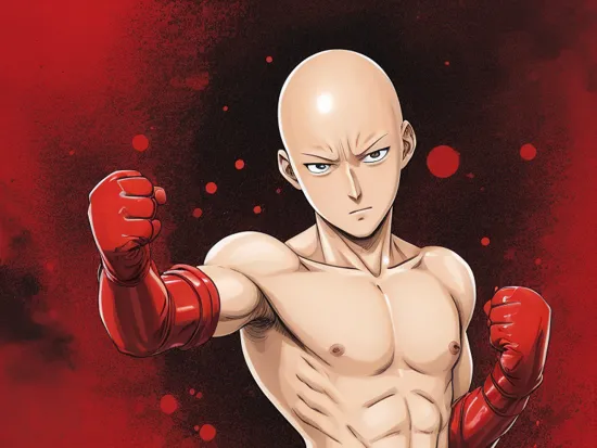 saitama, anime, one punch, 1boy, bald, male focus, emphasis lines, serious, upper body, punching, red gloves, simple background, best quality, masterpiece, <lora:Saitama-10:1>