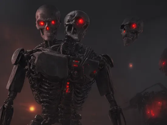 a robot with red eyes standing in the dark, terminator skeleton, screenshot from the game, animatronics, a portrait of an android, trmnt, 