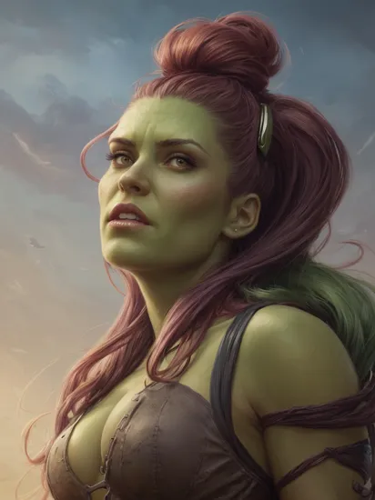 concept art she-hulk twisted side ponytail with decorative hair clip, close up shot  . digital artwork by peter mohrbacher, illustrative, painterly, matte painting, highly detailed