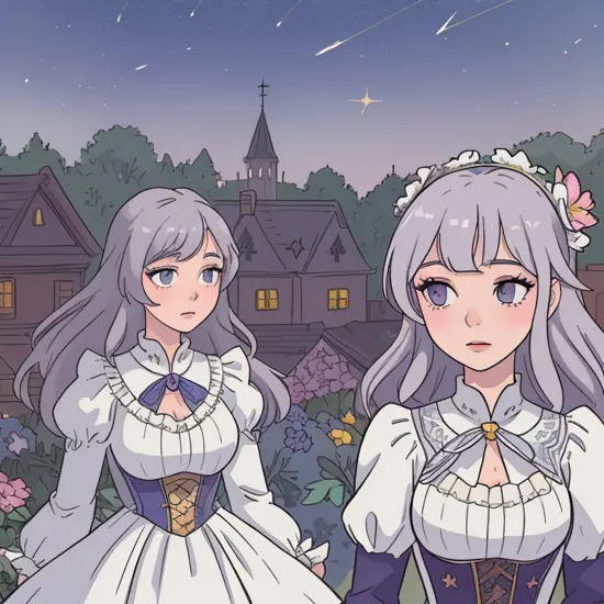 close up:1.2, night time, starry sky,city view, garden, colorful:1.2, flowers:1.6, nature, victorian period architecture, 1girl, mature woman, beautiful, beauty, snow white skin, shiny skin, long silver hair, lilac eyes, detailed face, detailed eyes, large breast, one piece dress, white dress, eleborate dress, her standing on the balcony, elegant:1.4, elegance:1.4, (mater piece, best quality, 8K, UHD, extreme detailed description, professional, studio lighting, sharp focus, natural lighting, highres, ultra detailed 8K CG, perfect lighting, exremely detailed background, eleborate atmosphere:0.75, fantastical colors, vivid colors, soft HDR), 
