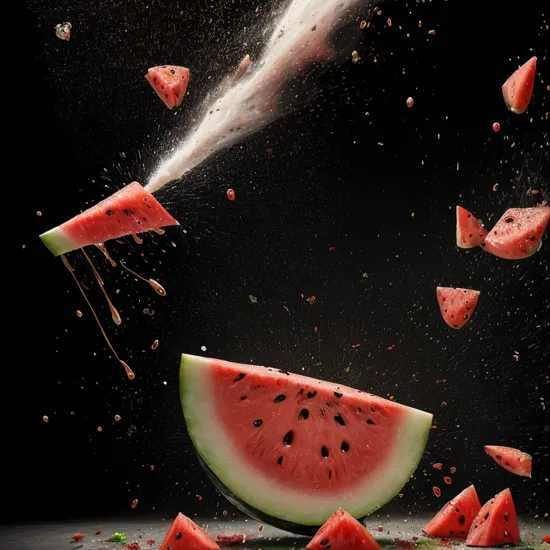 a slice of watermelon falling into the air, slow - mo high speed photography, spectacular splatter explosion, watermeloncore, tomato splatter, gestation inside a watermelon, amazing food photography, super high speed photography, detailed conceptual photography, styled food photography, realistic colorful photography, by Storm Thorgerson, high speed photography, culinary art photography