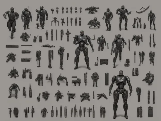 knolling, Things and Objects, Terminator collect Figure, interchangeable arms and heads, lots of details and additions, assembled character in the center of the image