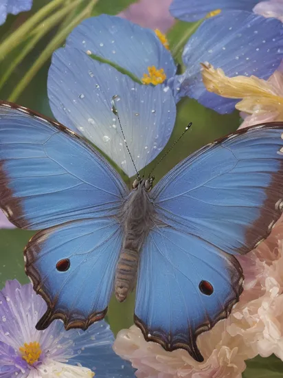 a blue butterfly sitting on a flower with water droplets on its wings and wings, with a blue background, Dirk Crabeth, macro photography, a photorealistic painting, cloisonnism