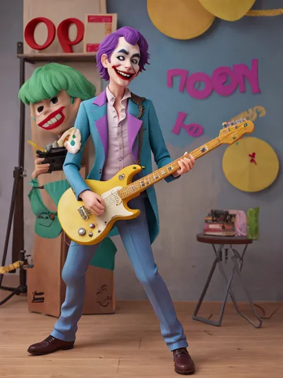 -- A photograph of a Joker playing an electric guitar in the style of The Joker (2022) trending on artstation deviantart