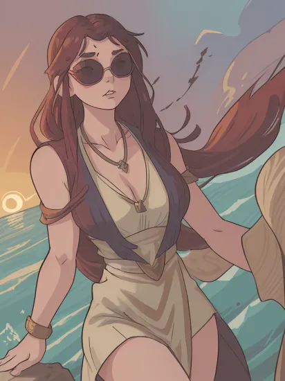 A stunning digital painting of (s0ph1al0ren:1.3),masterpiece, best quality, high detailed, (As Pocahontas, create an 8K quality painting encapsulating her on the shores of Virginia, her hair blowing in the wind as she overlooks the vast waters. Wearing her tribal outfit, a necklace around her neck, her connection with nature is clear in her serene expression. The tranquility of the scene, coupled with Pocahontas' strength and grace, makes this piece a moving, awe-inspiring artwork.:1.7),(Full, voluminous fake lashes with a winged eyeliner and a deep, rich lip color. This look is dramatic and alluring.:1.4),(The Sultry Stretch: The woman is lying on her stomach with her legs slightly spread apart. She's propped up on her elbows, and her back is arched, creating a natural curve in her spine. Her head is turned to one side, and she's giving the camera a sultry look over her shoulder.1.1),(in the style of Gerald Brom:1.3),(A pair of bold, retro-inspired sunglasses that shield her eyes from the sun while simultaneously adding a touch of glamour to her overall look.:1.9),(Slicked-back, wet-look hair that accentuates the angles of the face.:1.3),epic fantasy character art, concept art, fantasy art, a character portrait, fantasy art, vibrant high contrast,trending on ArtStation, dramatic lighting, ambient occlusion, volumetric lighting, emotional, Deviant-art, hyper detailed illustration, 8k, gorgeous lighting, ,vamptech,