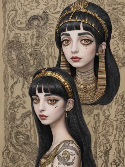Cleopatra, the iconic Queen of Egypt, steps into a Tim Burton-inspired wonderland. She wears an Egyptian dress, jewellery and an Egyptian royal diadem on her head. Around her, the landscape transforms into a surreal dreamscape with serpents and crocodiles. Cleopatra's eyes, reflecting the geometric glow, hold a mixture of determination and curiosity, capturing the essence of this peculiar fusion between anime allure and Burtonesque oddity. Ancient wall painting, (hand drawn with pencil:1.15), (tim burton style:1.27),   