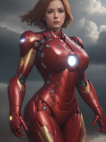 Volumetric Lighting, hyperrealistic art female iron man, ((naked tits)), red costume, reflections, high up above gound, clouds, rockets, smoke . extremely high-resolution details, photographic, realism pushed to extreme, fine texture, incredibly lifelike, light depth, dramatic atmospheric lighting, Volumetric Lighting