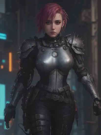 breathtaking Joan of Arc, Jeanne d'Arc, (reimagined in a cyberpunk universe), (cyberpunk style), (cyberpunk), (cyberpunk outfit), (punk hair), (augmentation), cybernetics, glowing neon lights, cinematic scene, hero view, action pose, beautiful 8k, detailed background, masterpiece, best quality, high quality, absurdres, vivid.. award-winning, professional, highly detailed