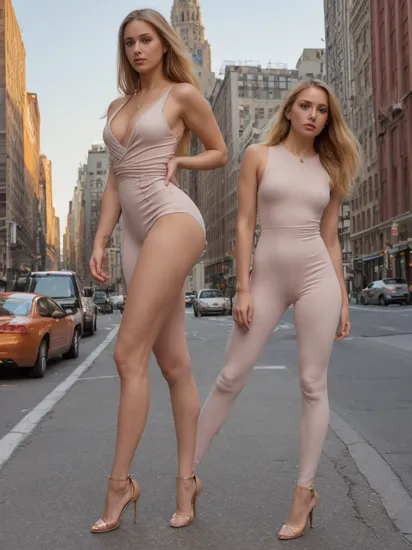 AnnaMariaPrydatko, (masterpiece, best quality, extremely detailed, perfect body, perfect face:1.2), modelshoot, pose, street photography, busy Manhattan street corner, serious look, bodycon jumpsuit, high heels, August, heat, sweat, sunset, golden hour, pastel sky, dusk, facing viewer