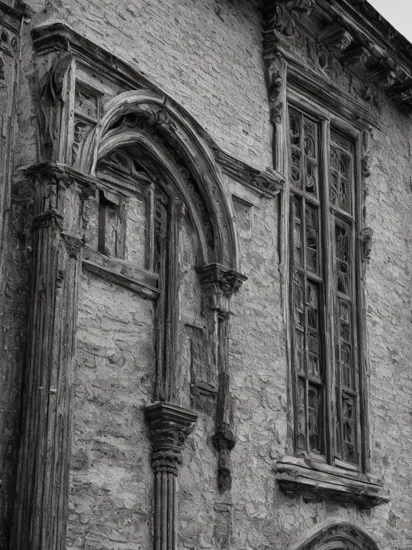 A black and white photograph of an old, weathered building facade, emphasising the intricate architectural details, chipped paint, and worn textures.