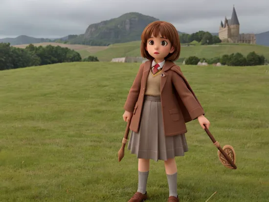 1girl, solo focus, child, brown eyes, (11 year old), a young girl standing in long hogwarts robes, grass field, brown clothes, grey socks, grey skirt, hermione granger, quidditch field, quidditch 