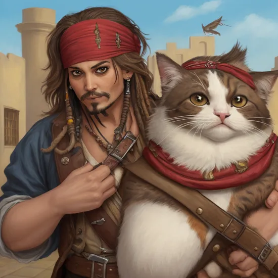 surprised Captain Jack Sparrow with a bandana on his head, holding the fat cat in his hands, caricature, albeniz rodriguez style 