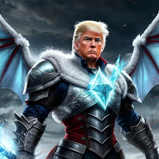 Daunting force, (ice dragon), ((resolute male Donald Trump)), blue-tinged armor, dynamic sparks, commanding presence, elemental power, (frosty breath), intricate armor design, (indomitable spirit).