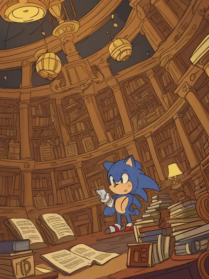 cinematic photo of  Sonic the Hedgehog in a grand library, wearing reading glasses, surrounded by stacks of ancient scrolls and books, deep in contemplation, extreme details, volumetric lighting, cinematic scene, full focus, 16k, UHD, HDR