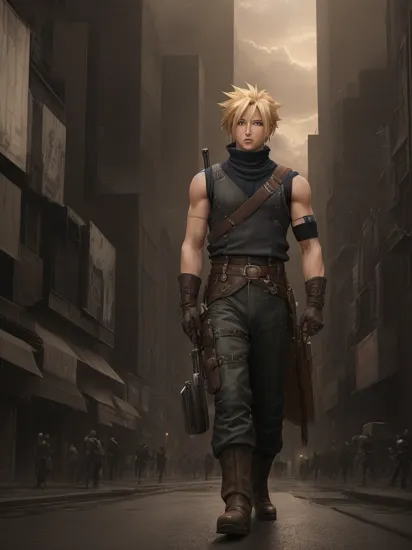 masterpiece, best quality, cloud strife, shoulder armor, sleeveless turtleneck, suspenders, belt, gloves, bracer, baggy pants, cowboy shot, looking at viewer, dystopian city, nighttime, chiaroscuro shading, walking, from side 